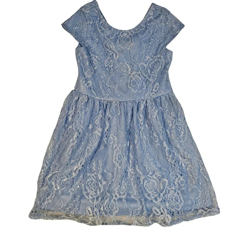 Girls Light Blue Metallic Floral Lace Cap‎ Sleeve Party Dress Fit and Flare